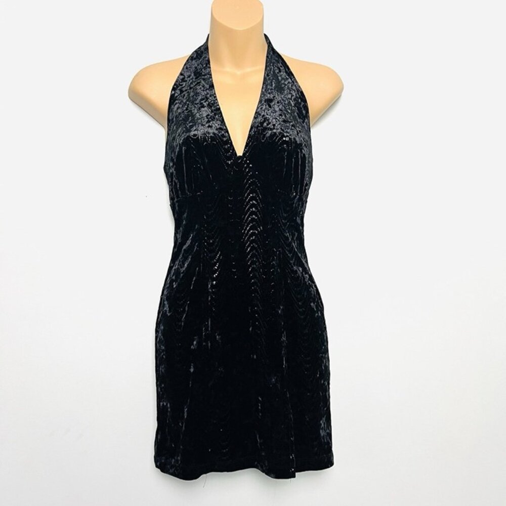 Black Crushed Velvet Babydoll Halter Mini Dress Sz XS‎ Open Back Party Sexy Club